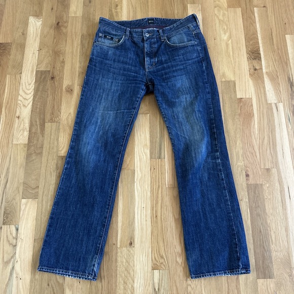 Hugo Boss Jeans Mens 32x30 Blue Faded Kansas Straight Denim Raw Regular 5 Pocket - Picture 1 of 8